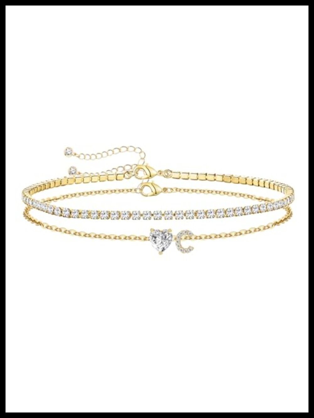 14K Gold Filled Initial Anklet CZ Heart Pendant Adjustable 8.5+2